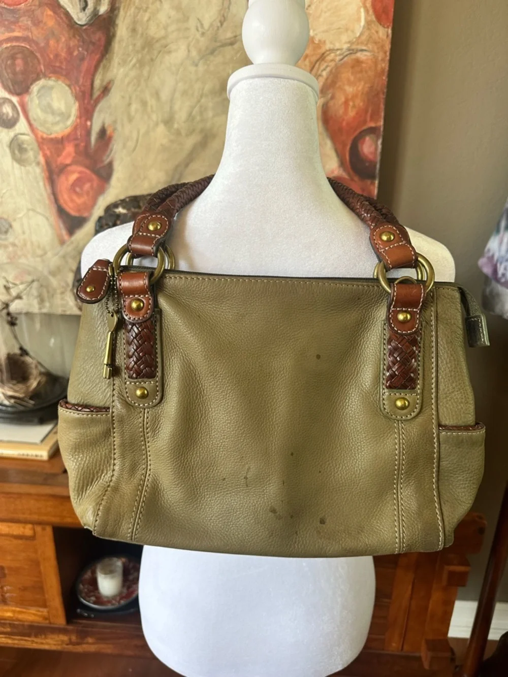 Fossil Leather Satchel Bag Burgandy Olive Green Burgandy Woven Strap Boho
